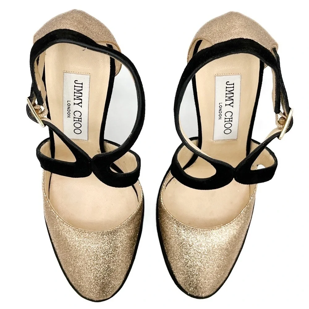 Jimmy Choo Tulip Glitter-Suede Criss Cross Platform Stiletto Heel Pumps - Picture 5 of 9